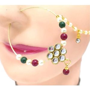 Indian Mores Red Gold Plated Flower Design Kundan Studded Single Layer Nath with Hanging Bead for Women - Image 2