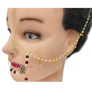 Indian Mores Red Gold Plated Flower Design Kundan Studded Single Layer Nath with Hanging Bead for Women - Image 3