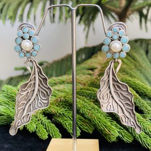 Indian Mores Black Polish Leaf Shape Light Blue Earrings - Image 2