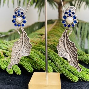 Indian Mores Black Polish Leaf Shape Navy Blue Earrings - Image 2