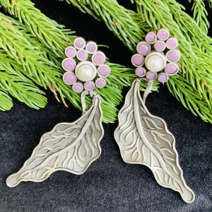 Indian Mores Black Polish Leaf Shape Pink Earrings - Image 2