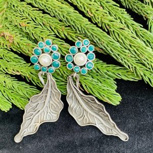 Indian Mores Black Polish Leaf Shape Turquoise Earrings - Image 2