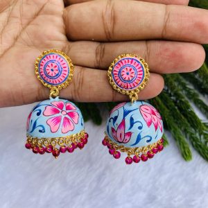 Indian Mores Black Polish Light Blue Jhumki Earrings - Image 3