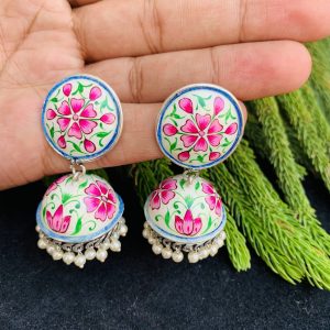 Indian Mores Black Polish Light Green Jhumki Earrings - Image 3