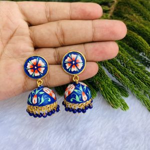 Indian Mores Black Polish Navy Blue Jhumki Earrings - Image 2