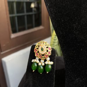 Indian Mores Rajasthani Traditional Jadau Pendant with Chidmoti & Green Drops Chokar Set - Image 2