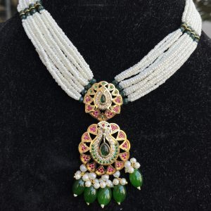Indian Mores Rajasthani Traditional Jadau Pendant with Chidmoti & Green Drops Chokar Set - Image 3