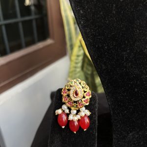 Indian Mores Rajasthani Traditional Jadau Pendant with Chidmoti & Pink Drops Chokar Set - Image 2