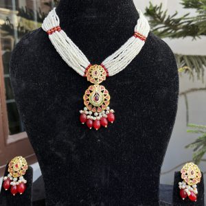 Indian Mores Rajasthani Traditional Jadau Pendant with Chidmoti & Pink Drops Chokar Set - Image 3