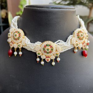 Indian Mores Rajasthani Handmade Circle Shaped Chidmoti Multicolor Choker Set - Image 3