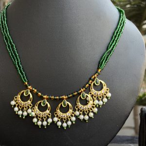 Indian Mores Traditional Jadau Green Beads Sleek Necklace - Image 2
