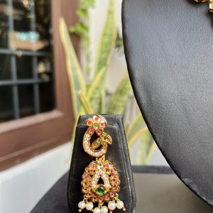 Indian Mores Rajasthani Traditional Jadau Green Stone Studded Necklace Set - Image 2