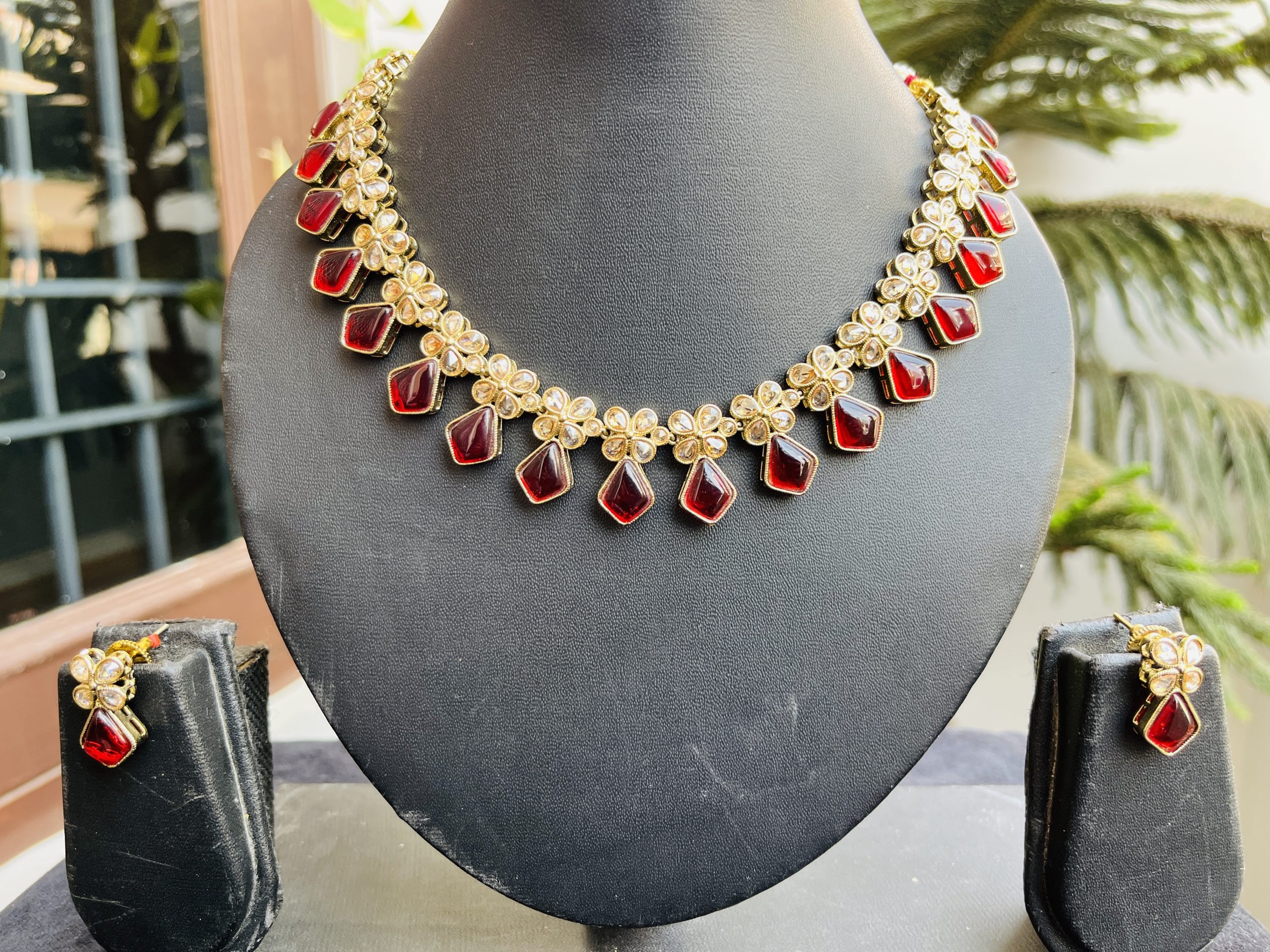 Indian-mores-temple-jewellery-mahroon-necklace-earrings-2-scaled