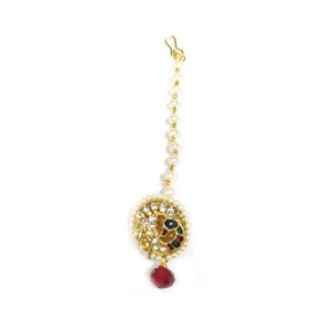 Indian Mores Peacock Stone Studded Pearl Matha Teeka Borla with Hanging Bead for Girls and Women - Image 1